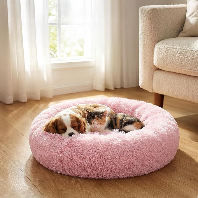 PetAmi Calming Dog Bed for Small & Medium Dogs and Cats, 30 Round Donut Dog Bed, Washable Fluffy Faux Fur Puppy & Cat Bed, Anti-Anxiety Plush Cuddler Pet Bed with Anti-Slip Bottom - Pink