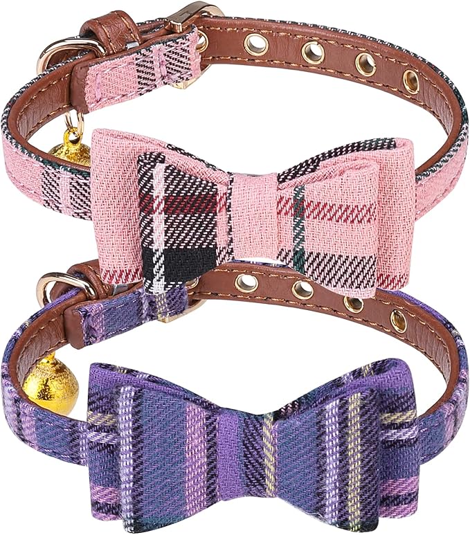 PUPTECK Puppy Collar with Bell XXS Dog Collar Charm Adjustable Bowtie Soft Leather for Cats Kittens Extra Small Dogs 2 Packs
