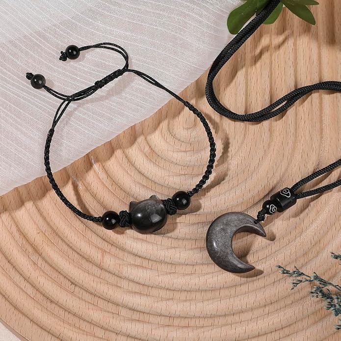 Black Obsidian Cat Bracelet and Moon Pendant Necklace Jewelry Set-Cat Lover Gifts,Wealth Attraction,Good Luck,Bead Bracelet,Mindfulness,Beaded Bracelets, Obsidian Pendant Necklace-Cute Gifts for Women