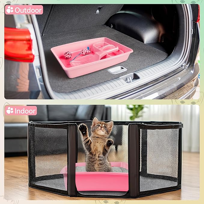 PAWISE Small Cat Litter Box Kit for Kittens – 5‑Piece Kit with Low Entry Litter Pan, Scooper, Feeding Bowls & Mouse Toy – Cat Starter Set for New Kitty Home, Pink