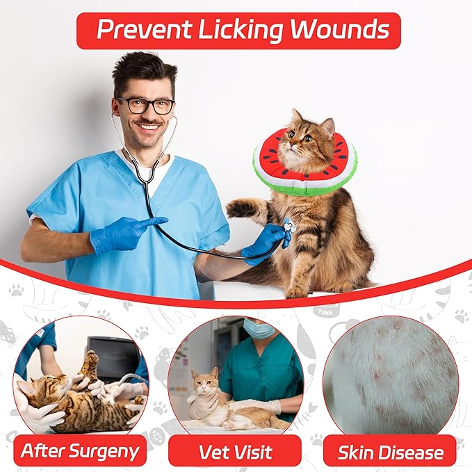 Seyezo Cat Cone Collar Soft, Adjustable Cat Recovery Collars Kitten Cones to Stop Licking, Cute Donut E Collar After Surgery, Anti-Lick Wound Healing Elizabethan Collar for Kittens (Watermelon, Small)