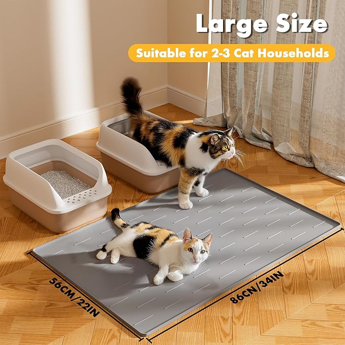 Pieviev Silicone Cat Litter Trapping Mat, 34''x22'' Large Cat Litter Mat, Easy to Clean & Soft on Kitty Paws, Waterproof Kitty Litter Pads for Indoor Cats, Light Grey