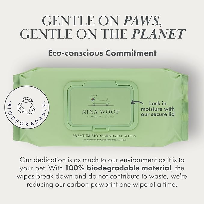 Nina Woof Dog Wipes – Fragrance-Free, Alcohol-Free, Hypoallergenic Pet Grooming Wipes with Aloe Vera, Biodegradable, for Dogs & Cats: Paws, Face, Ears & Butt – (70 Count)