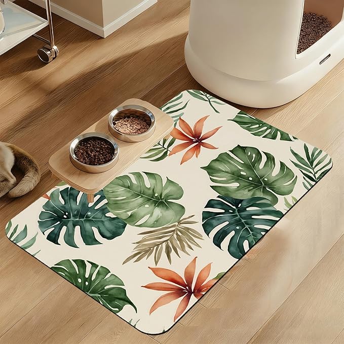 Boho Tropical Palm Pet Feeding Mat-Christmas Stocking Quick Dry Absorbent Dog Cat Food Mat, Non Slip Waterproof Bowl Placemat for Messy Eaters, Pet Accessories for Floors 16"x24"