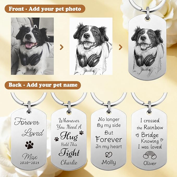 Custom Dog or Cat Portrait Keychain, Personalized Photo Engraved Keychains with Name, Customized Pet Memorial Gifts for Loss of Pets (Dog Tag – Memorial Style)