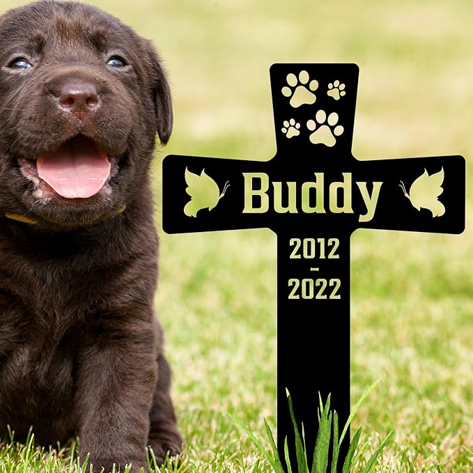 Custom Pet Paws Memorial Cross, Personalized Dog Metal Stake for Cemetery Yard, Sympathy Grave Marker with Paws, Memorial Plaque Cemetery Garden Stake