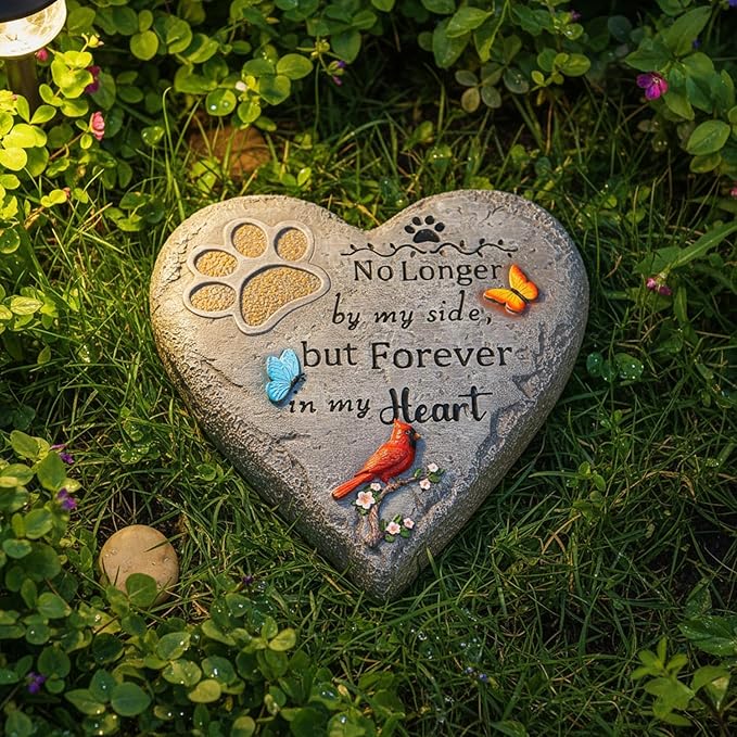 Pet Memorial Stone for Cats Dog Remembrance Gift with Paw Print, Cardinal & Butterfly, Pet Grave Markers Heart-Shaped Resin Dog Loss Sympathy Gift 6 inch