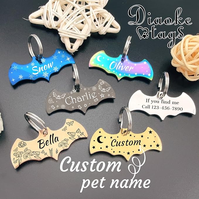 Stainless Steel Cat ID Tag Personalized Pet Tags with up to 4 Lines of Custom Text, Small Pet Mini Dog Cat Tag Lightweight, Engraved on Both Sides, Multiple Patterns Colors Size Options (Bat Shaped)