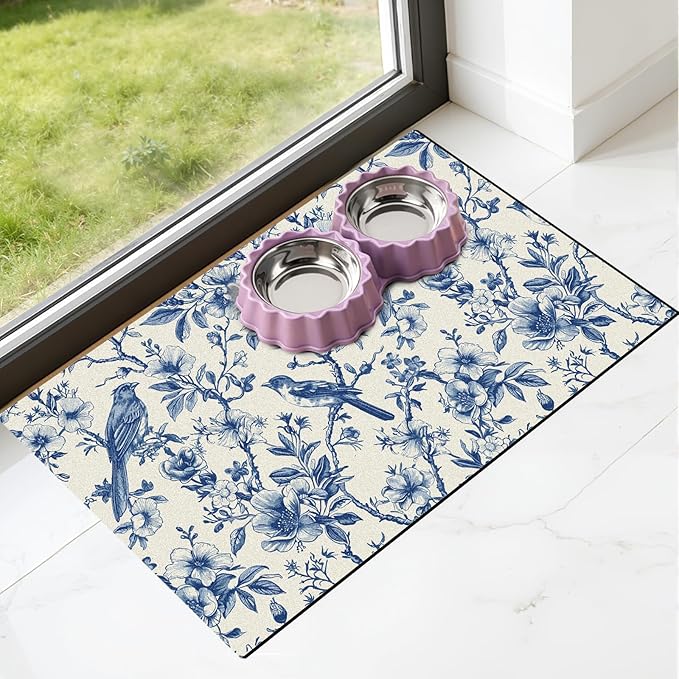 Dog Cat Food Mat - Absorbent Quick Dry Dog Bowl Mats for Food and Water, Anti Slip Cat Feeding Placemat for Floors, Diatomite Pet Dish Matts Accessories Supplies, Floral Bird Style, 12*20in