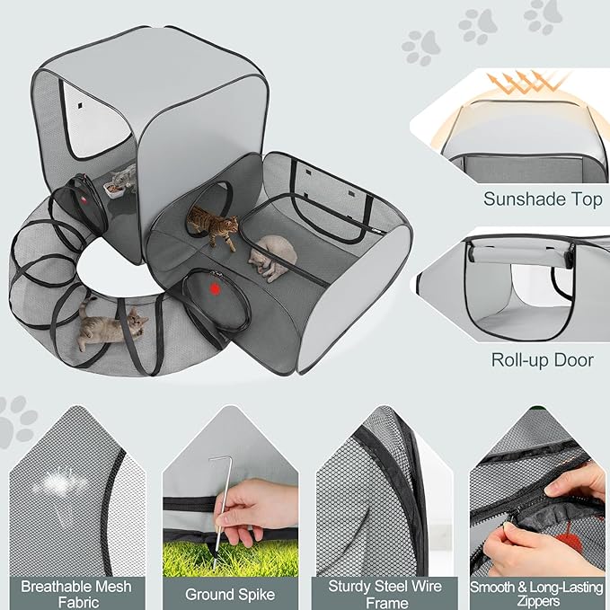 Cat Playpen, 3-in-1 Pop-up Outdoor Cat Enclosure with 2 Rooms 1 Tunnel, Breathable Pet Playpen for Indoor Outdoor Use, Portable Catio Tent with Carry Bag for Kitten Rabbit Small Animals, Gray