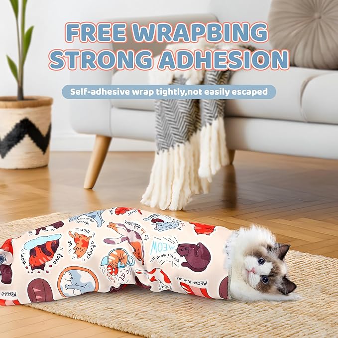 27.6" Cat Grooming Wrap for Cutting Nails, Cat Pattern Self-Adherent Fabric Wrap for Cats, Anti-Scratch Anti-Escape Multifunctional Cat Swaddle Tool for Teeth Brushing, Ear Cleaning