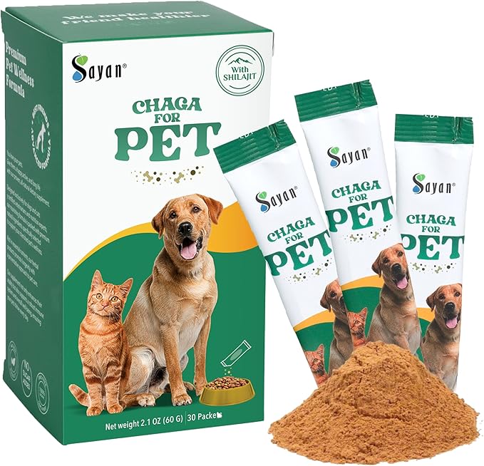 Sayan Chaga + Shilajit Pet Supplement (30 Sachets) – All-Natural Adaptogen Blend for Dogs & Cats – Immune, Joint, Energy & Digestive Support – Herbal Blend – 100% GMO-Free, Vet-Formulated