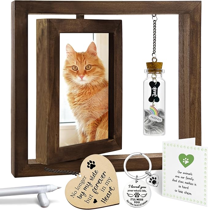 Pet Memorial Rotating 4x6 Picture Frame Wooden Gift for Dog Cat Fur Jar Rainbow Bridge Sympathy Keychain Loss Keepsake Message Card No Longer By My Side Tag In Memory Table Top Home Decor PR-6R