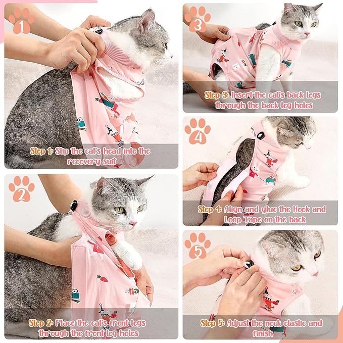SlowTon Cat Recovery Suit - Cat Onesie for Cats After Surgery, Spay Suit for Abdominal Wounds, E-Collar Alternative Bodysuit Shirt Anti-Licking (Pink, L)