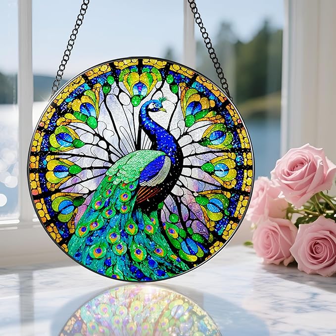 8 Inch Stained Glass Suncatcher Ornament, DOUHASU Peacock Sun Catchers Indoor Window, Stained Glass Window Hanging, Home Decor, Peacock Lovers for Mom, Grandma, Friend, Bestie, Couple