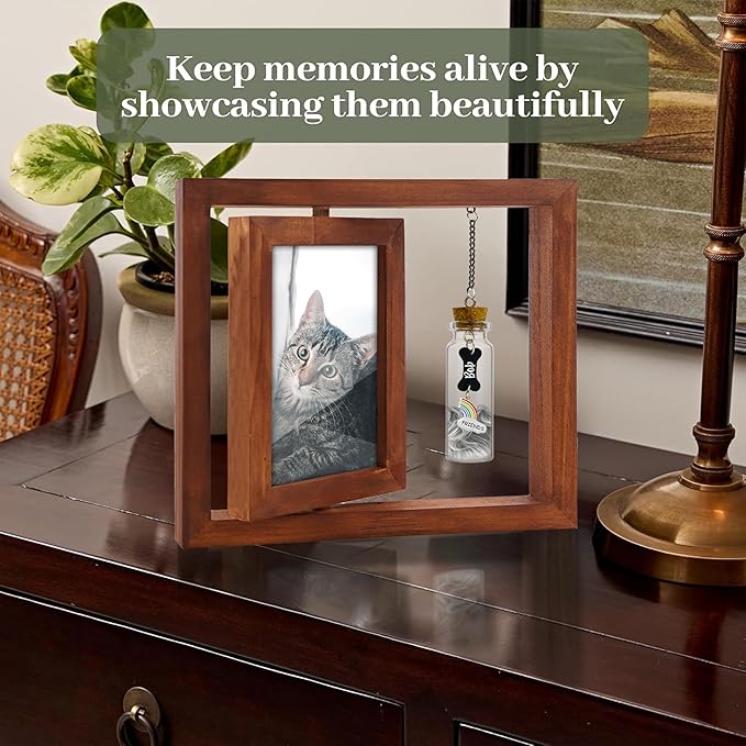 Pet Memorial 4x6 Picture Frame Wooden Rotating Walnut, Cat Remembrance Gifts, Pet Dogs Hair Keepsake Fur Jar Rainbow Bridge No Longer By My Side Heart Tag, In Loving Sympathy Animal Loss Gift PR-3W