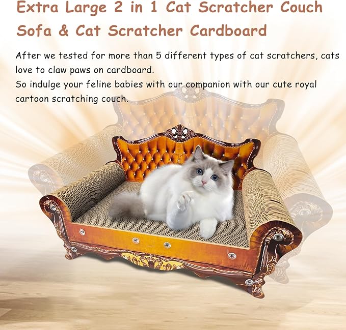 Luxury Cardboard Cat Scratcher Sofa Bed, Couch Shaped Cat Scratching Board, Scratch Lounge with Catnip, Scratcher for Indoor Cats(Brown)