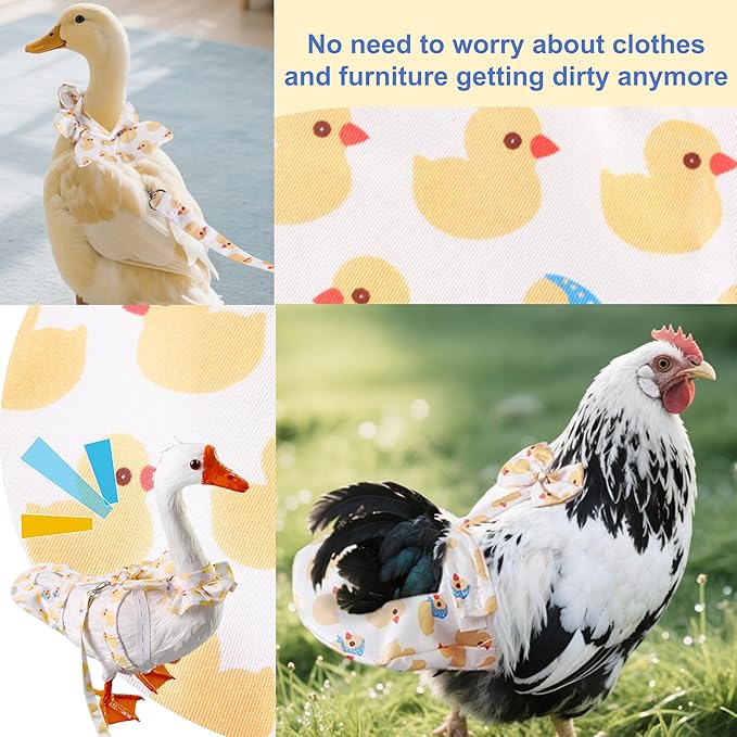 Duck Chicken Harness & Diapers with 4.8-FT Leash Rope & Washable Adjustable Elastic Reusable Diaper Nappy Poultry Cloth for Goose Hen (M, Little Yellow Duck)