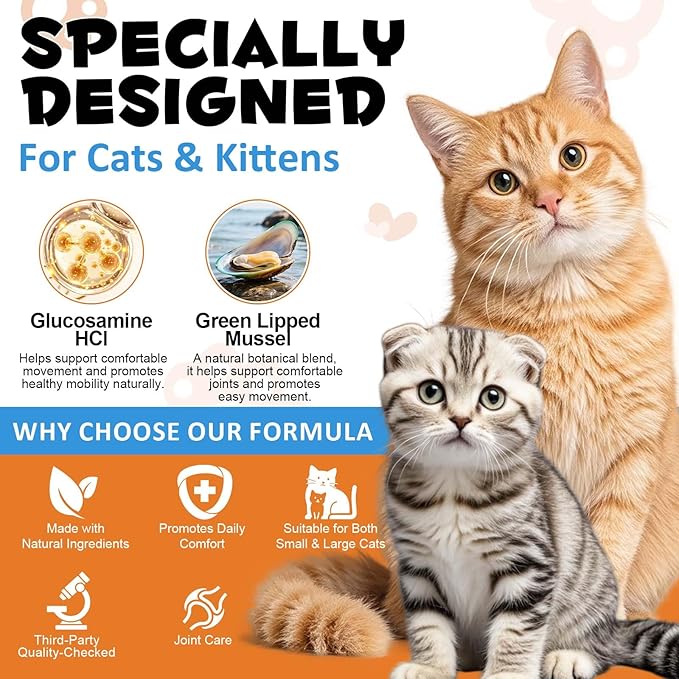 Cat Hip + Joint Supplement, Health Treats with Glucosamine & Chondroitin, Hip & Joint Care Chews for Cats & Kittens, Supports Mobility & Cartilage, Chicken Flavor, 100g (30 Day Supply)