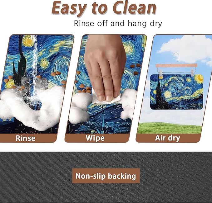 Starry Night Dog Cat Food Mat,Absorbent Pet Feeding Mat for Food and Water,Non-Slip Dog Bowl Mats Floor Protector 12"x20"