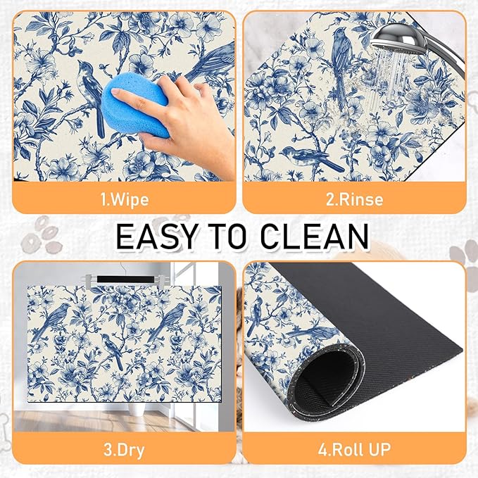 Dog Cat Food Mat - Absorbent Quick Dry Dog Bowl Mats for Food and Water, Anti Slip Cat Feeding Placemat for Floors, Diatomite Pet Dish Matts Accessories Supplies, Floral Bird Style, 12*20in