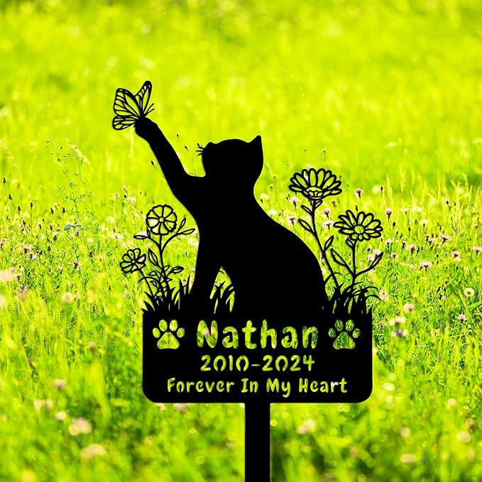 Custom Butterfly Cat Grave Marker Outdoor Metal Memerial Stake, Personalized Cat Memorial Grave Marker with Paws, Customized Flowers Cat Memorial Statue Plaque Garden Stake Cat Headstone