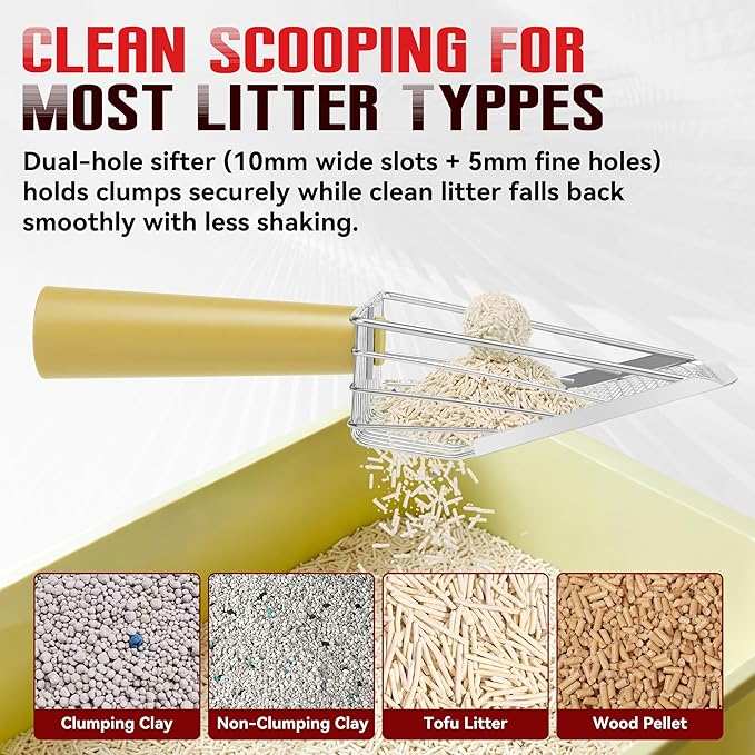 Metal Cat Litter Scoop with Holder, Heavy Duty Cat Scooper for Litter Box, Large Deep Sifter Shovel with Dual-Hole Design (10mm/5mm) for Pellets, Pine & Clay, Non-Stick Scraping Edge, Yellow