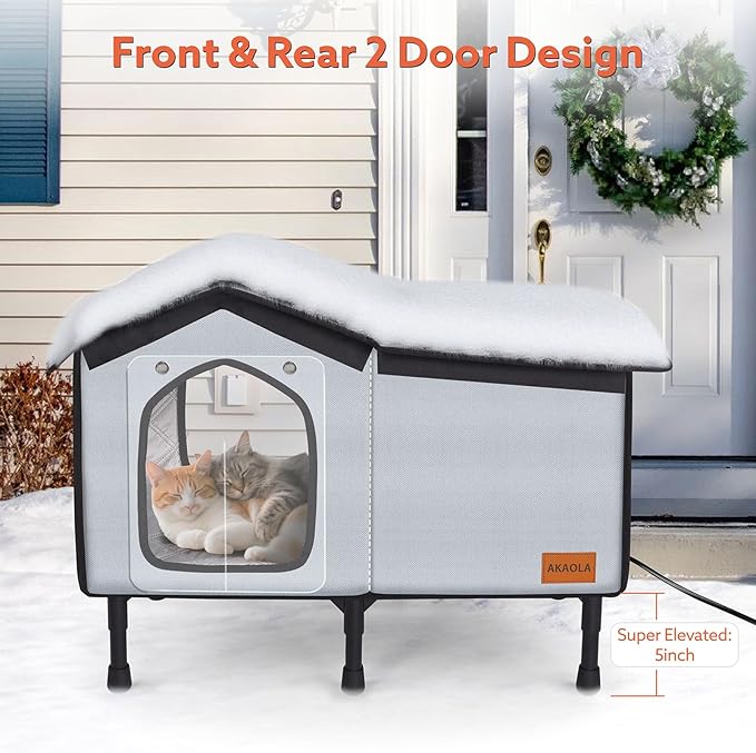 Outdoor Cat House Heated for Outside Winter 100% Waterproof Oxford Tarpaulin with Safe Escape Door and 5" Elevated Base with Heater for Feral Barn Cat Kitty (26“x20”x14“)