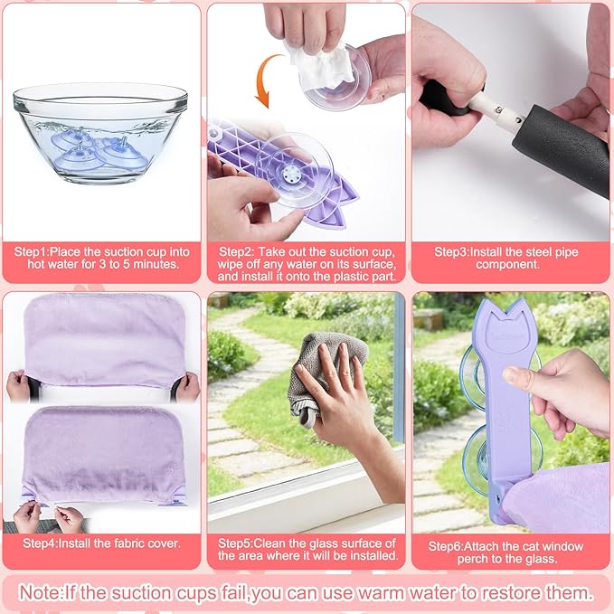 2 Pack Cat Window Perch,Cat Window Hammock Cordless Foldable Window Bed with 4 Large Strong Suction Cup,Reversible Cushion Cover,Metal Frame Easy to Adjust Window Seat Holds up to 40lbs(Purple，M)