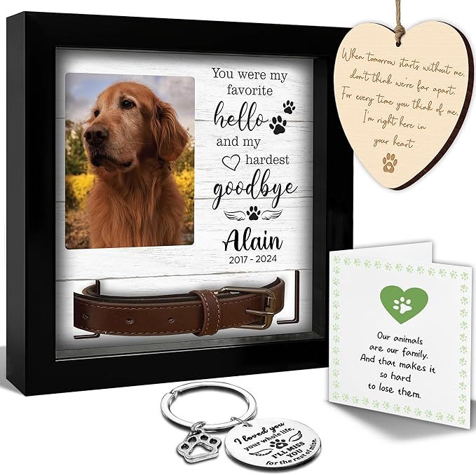 Personalized Pet Memorial Frame with Collar Holder, Engraved Pet Memorial Ornament, Dog Cat Sympathy Card, Loss of Dog Keychain Paw Prints Charm Sympathy Gift, Remembrance Gift for Cat Lovers