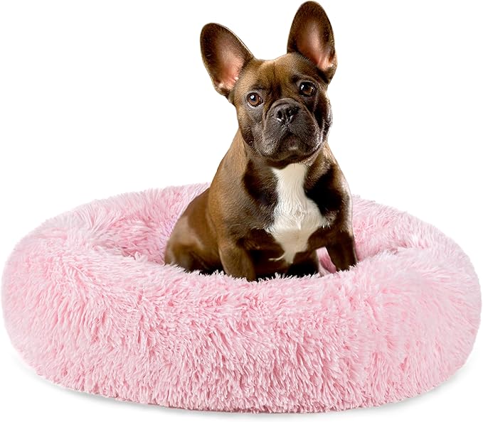 PetAmi Calming Dog Bed for Small & Medium Dogs and Cats, 23 Round Donut Dog Bed, Washable Fluffy Faux Fur Puppy & Cat Bed, Anti-Anxiety Plush Cuddler Pet Bed with Anti-Slip Bottom - Pink
