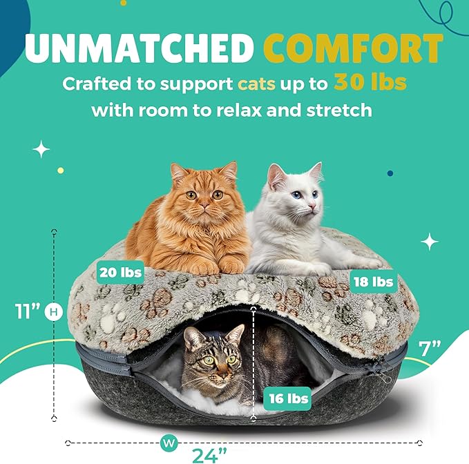 RINGTAIL Peekaboo Cat Cave - for Multiple & Large Cats Up to 30-45 lbs, Comfy Donut Cat Bed with 2 Soft Fluffy Fleece Cat Blankets, Scratch, Detachable & Washable Tunnel Bed (Dark Gray, Large)