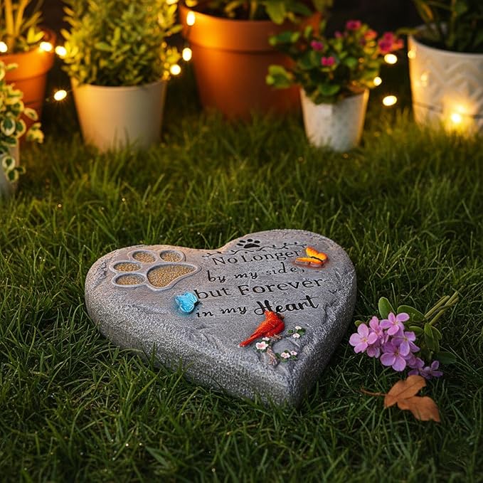 Pet Memorial Stone for Cats Dog Remembrance Gift with Paw Print, Cardinal & Butterfly, Pet Grave Markers Heart-Shaped Resin Dog Loss Sympathy Gift 6 inch