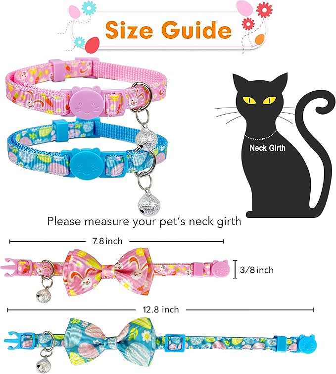 Pohshido Easter Cat Collar with Bow Tie, Holiday 2 Pack Kitty Kitten Cute Bunny Carrot Collar for Girls and Boys (Hoppy Hour/Pink)
