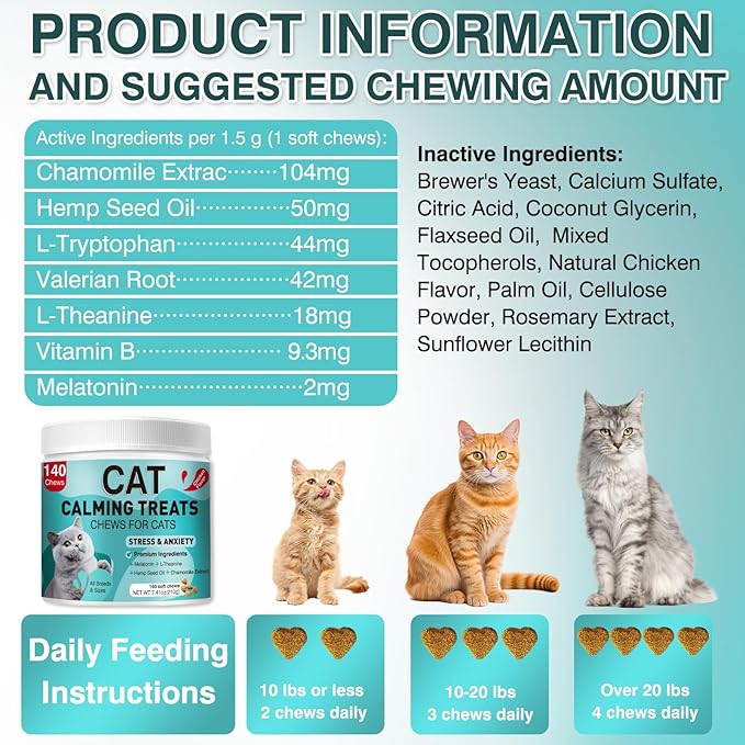 Cat Calming Treats, Calm Chews for Cats Pet Treats for Travel Boarding Foster Care Veterinary Visits Relieve Anxiety Prevent Bites by Cats Soothing for Indoor Kitten 7.41 OZ