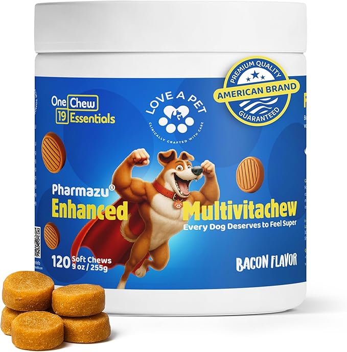 Enhanced Multivitachew – Dog Supplies Multivitamin Soft Chews with Glucosamine for Dogs – Supports Joints, Skin, Coat & Digestion – Dog Vitamins & Omega, Probiotics – 120 Bacon Chews