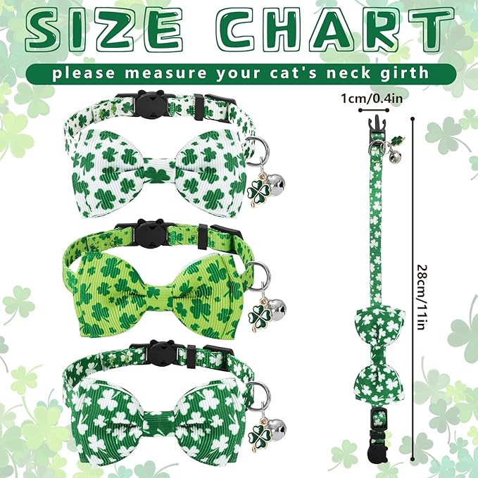 JarThenaAMCS 3 Pcs St. Patrick's Day Cat Collar with Breakaway Bell Bow Tie Green Shamrock Lucky Clover Adjustable Kitten Collars for Spring Irish Girl Boy Cats Small Pet Party