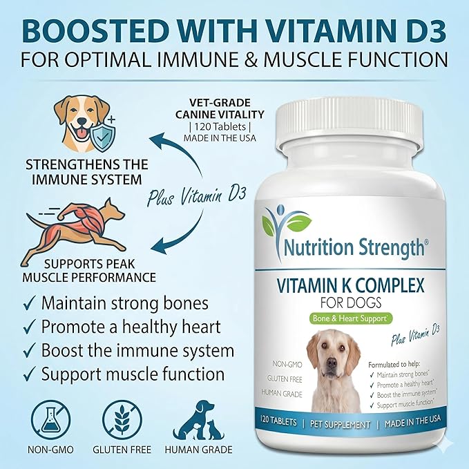Vitamin K for Dogs - K1 & K2 (MK4 + MK7) + Vitamin D3 for Bone Health, Heart Support & Calcium Absorption - Advanced Formula for Strong Joints, Muscle & Immune Support - 120 Tablets