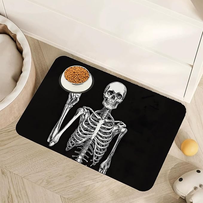 Funny Skull Skeleton Dog Food Mat for Floors,Absorbent Quick-Dry Pet Feeding Mat,Cat Dog Bowl Mats for Food and Water,Non-Slip Pet Accessories Supplies 12"x20"