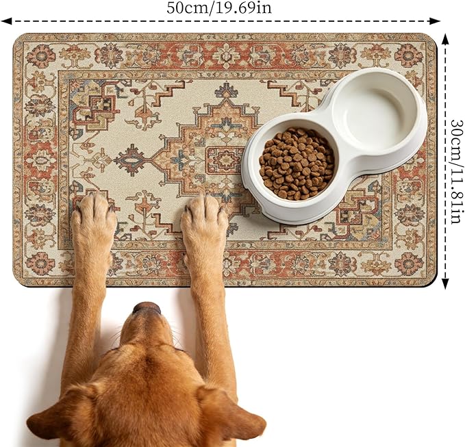 Pet Dog Food Mat - Absorbent Diatomite Dog Cat Feeding Mats for Food and Water, Anti Slip Dog Cat Bowl Placemat for Floors, Quick Dry Pet Dish Matts Supplies, Bohemia Style, 12 * 20in