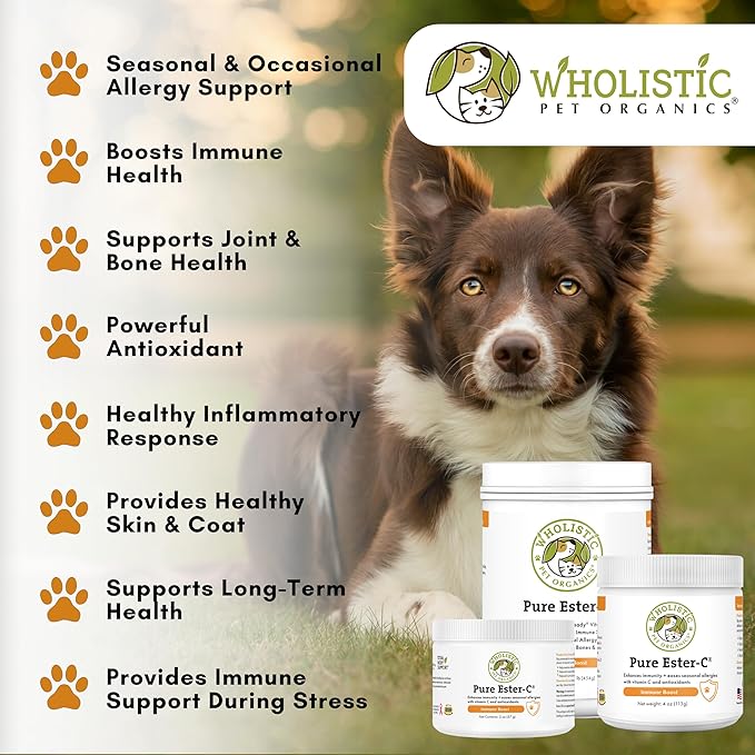 Wholistic Pet Organics Ester-C Powder for Dogs & Cats - Cat & Dog Allergy & Itch Relief - Vitamin C Immune Support Supplement - Itchy Skin Support for Seasonal Dog Allergy Relief - 4 oz - 113 Scoops