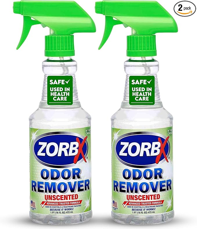 ZORBX Unscented Odor Eliminator for Strong Odor 16 oz - Pack of 2 - Used in Hospitals & Healthcare Facilities - Advanced Trusted Formula, Fast-Acting Odor Remover Spray for Dog, Cat, House & Carpet