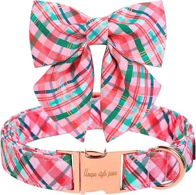 Unique style paws Dog Collar with Tie Pink & Green Plaid Dog Collar Best Gifts for Small Medium Large Dogs -XL