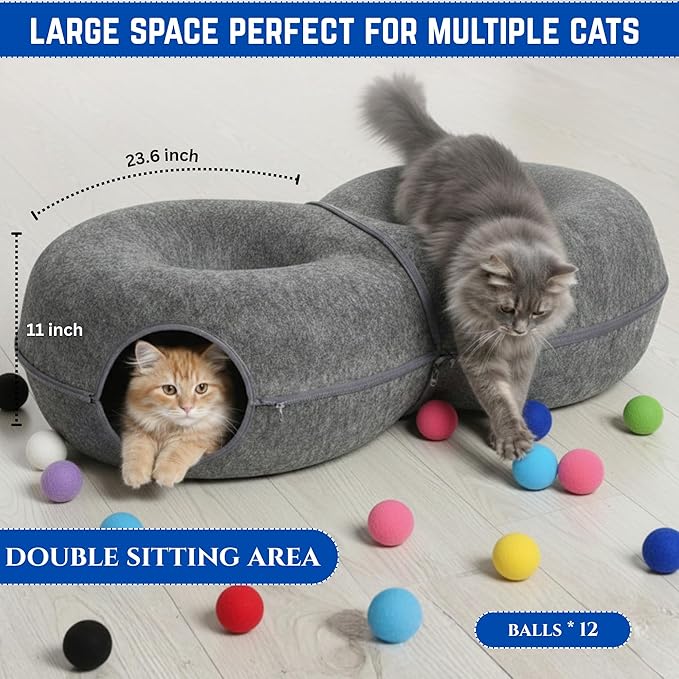 Trivon Peekaboo Cat Tunnels for Indoor Cats, Cozy Indoor 8-Shaped Donut Hideaway Bed with 12 Toy Balls, Bonus Bird Toy and Toy Gun, Scratch-Resistant, Detachable & Washable Design