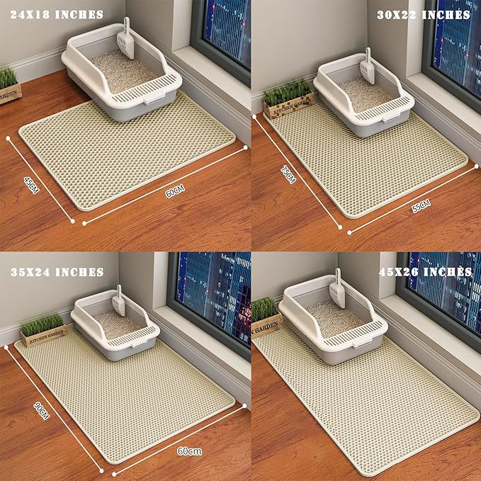 HCY&WLD Cat Litter Mat, Honeycomb Double Layer Cat Litter Trapping Mat, Waterproof Urine Proof Non-Slip, Scatter Control, Less Waste, Easier to Clean (Beige, 35" X 24")