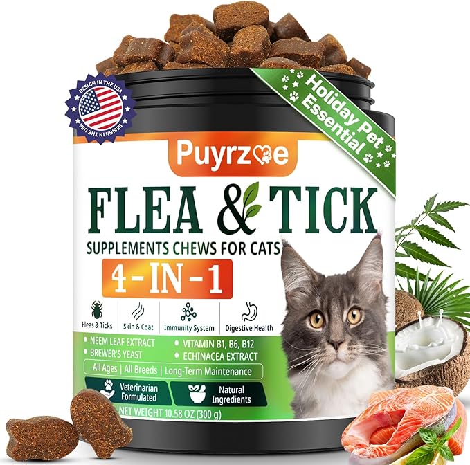 4-in-1 Flea Treatment for Cats Chewable, Natural Cat Flea and Tick Prevention Chewable Supplement for Skin & Coat | Immunity Support | Digestive | Flea & Tick Treatment for All Breeds & Sizes