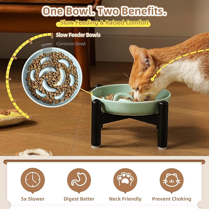 Elevated Slow Feeder Cat Bowl - Ceramic Cat Food Dish with Anti-Slip Stainless Steel Stand - Raised Maze Plate for Slow Eating - Pale Blue