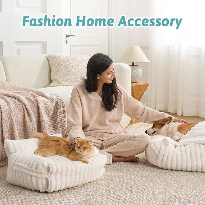 Cute Cat Bed with Removable Cover, Multifunctional Plush Faux Fur Pet Couch Bed with Blanket, Ultra-Soft Pet Furniture for Cats & Small Dogs (Cream, M: 32''x24'')