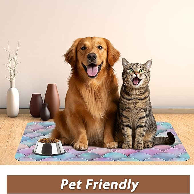 Pink Mermaid Scale Pet Feeding Mat,Absorbent Quick-Dry Cat Dog Food and Water Bowl Mats,Non-Slip Rubber Backing Mat,Cat Dog Accessories Supplies 12"x20"