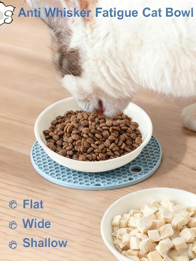 6PCS Whisker Fatigue Ceramic Cat Dishes - 5.5" Shallow Cat Food Bowl, Cute Kitten Plates for Wet Food, Whisker-Friendly, Non-Slip, Wide, White, Heart & Claw Pattern